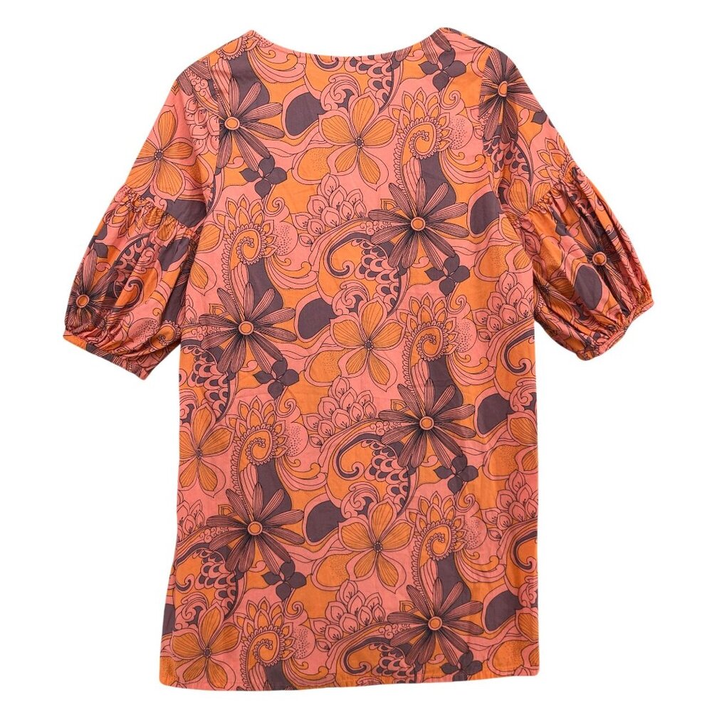 Bryn Walker Mini Shirt Dress Orange Pink Floral Puff Sleeve Peasant Boho Size S - Picture 2 of 9
